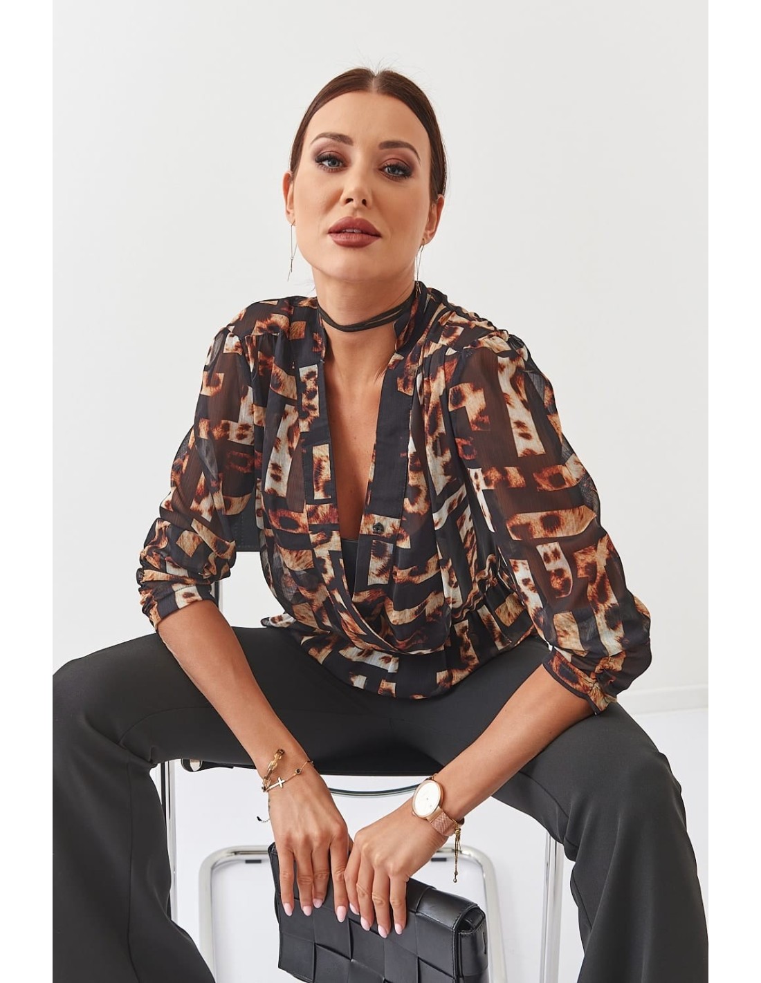 Animal print envelope blouse, black 020481 - Online store - Boutique